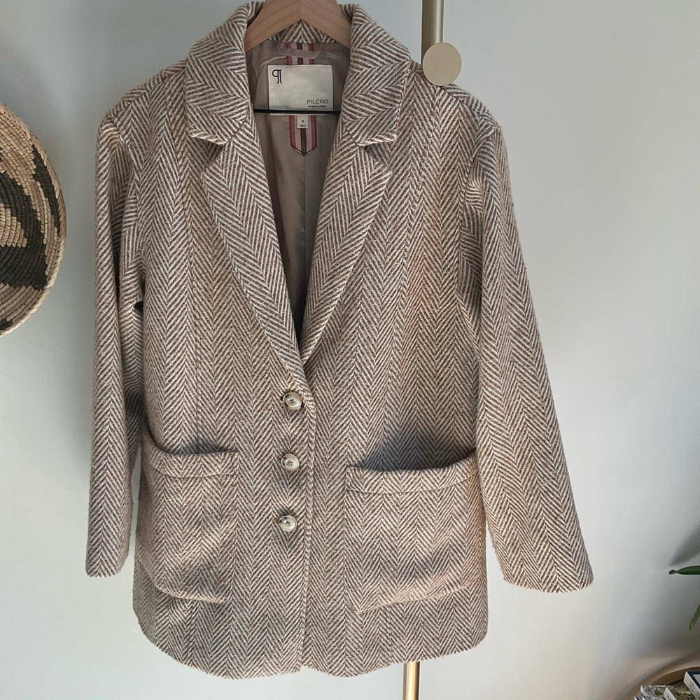 Pilcro from Anthropologie Brushed Herringbone Blazer Size Medium Cream and Beige - Picture 7 of 16